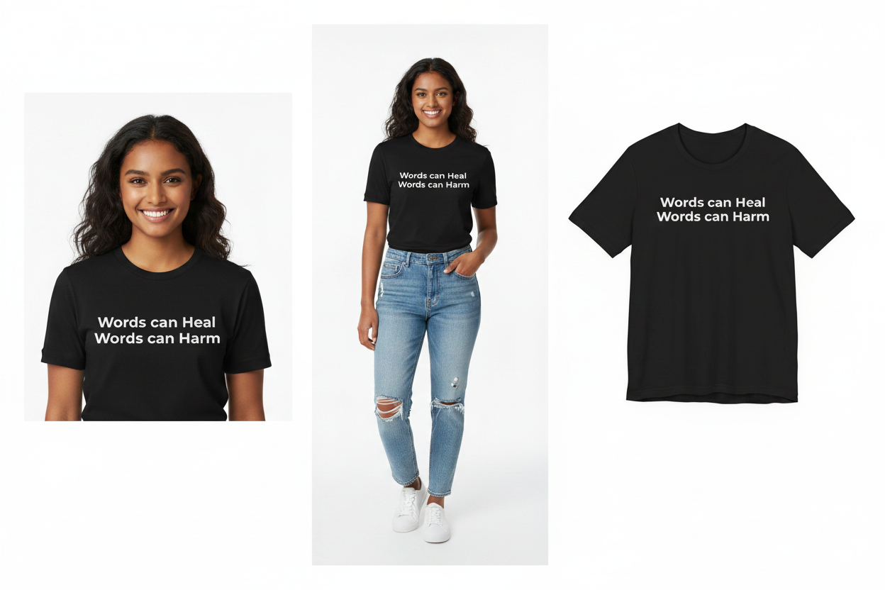 Black t-shirt with 'Words can Heal, Words can Harm' text worn by a person and displayed on a white background.