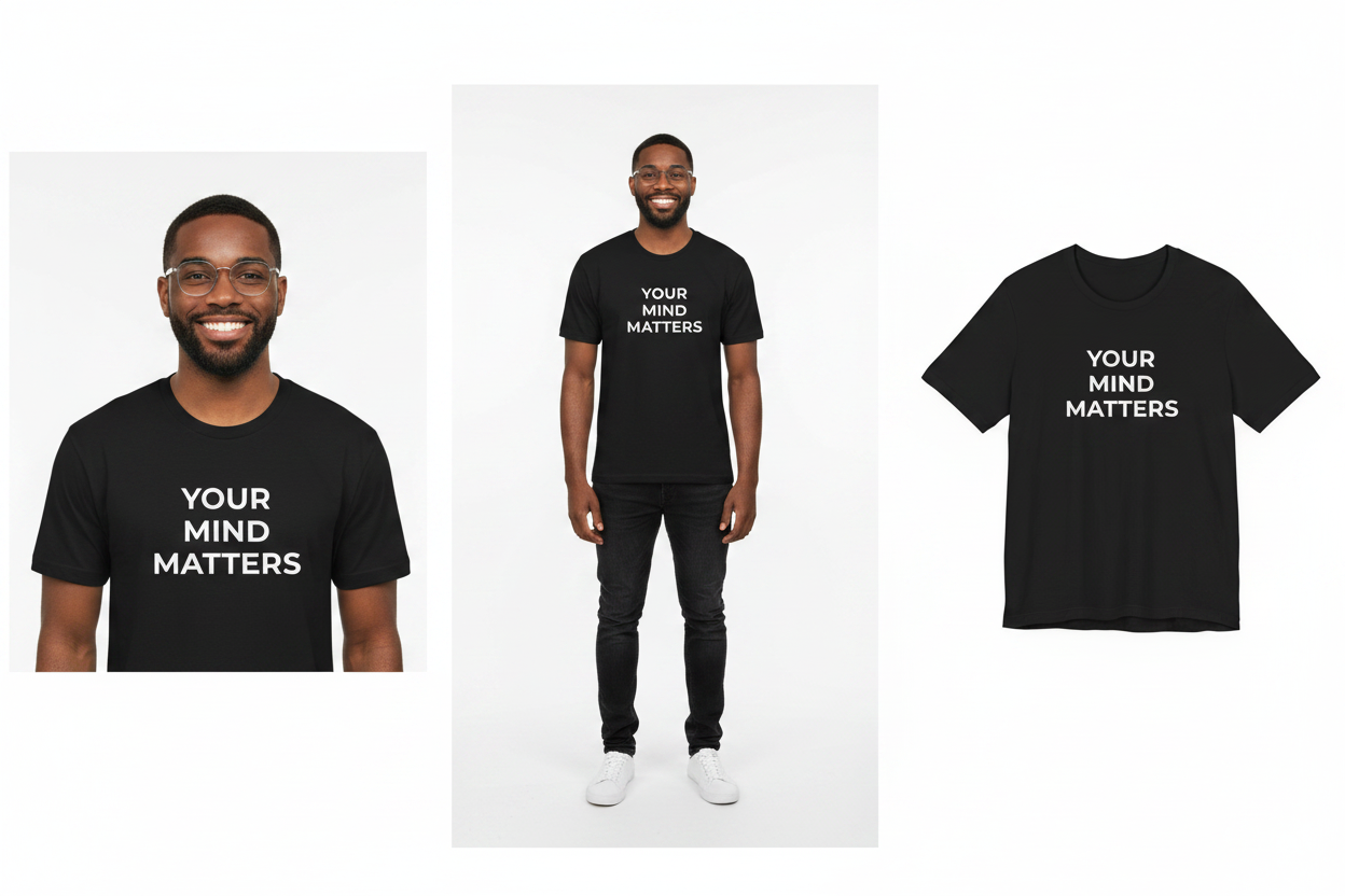 Black t-shirt with 'YOUR MIND MATTERS' text worn by a person on a white background