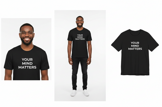 Black t-shirt with 'YOUR MIND MATTERS' text worn by a person on a white background