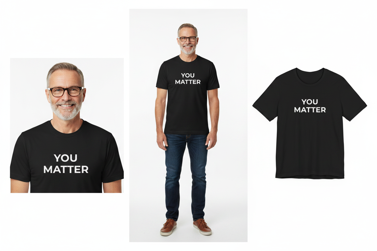 Black t-shirt with 'YOU MATTER' text worn by a man, displayed on a white background.