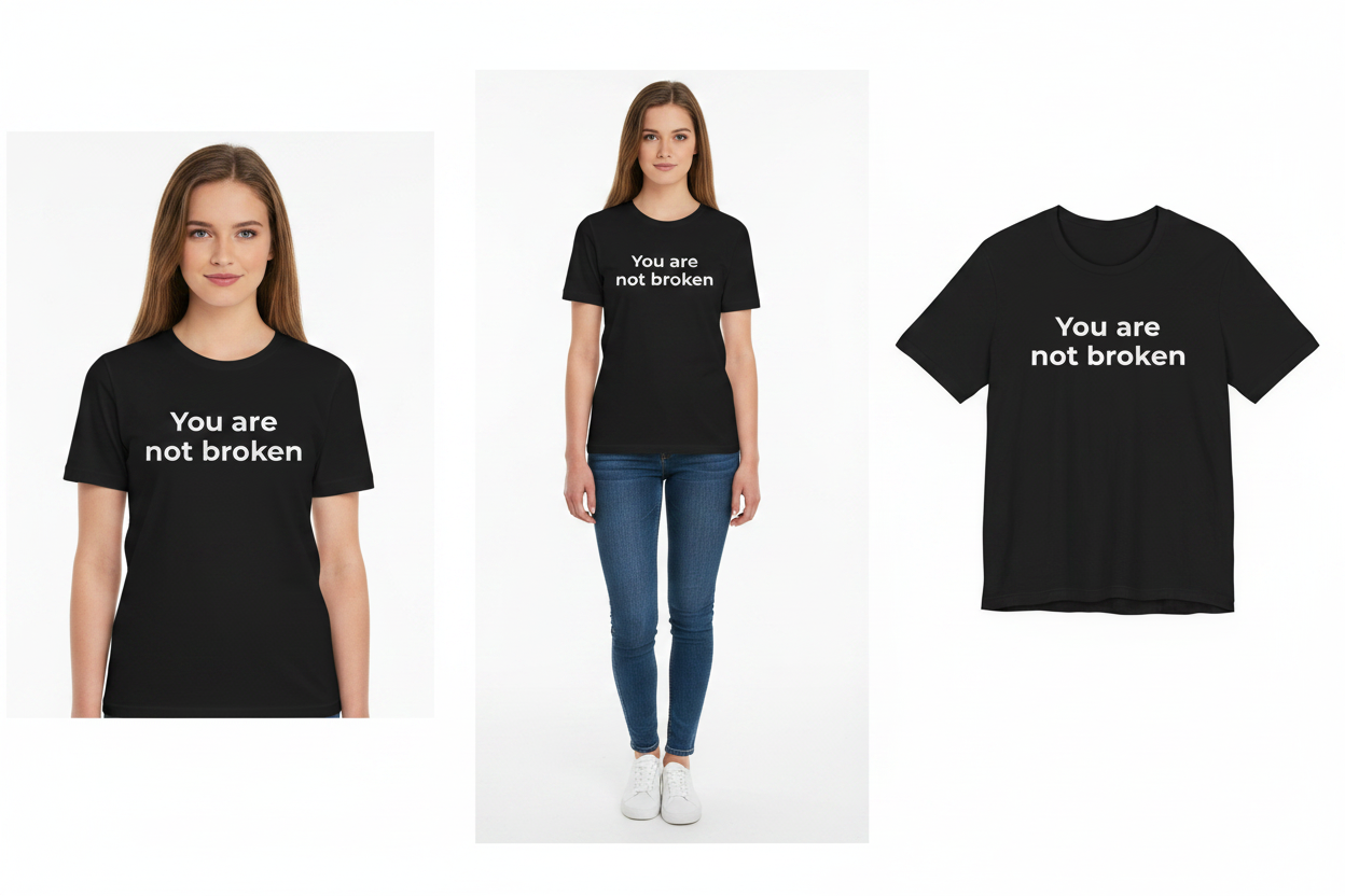 Black t-shirt with 'You are not broken' text worn by a model on a white background