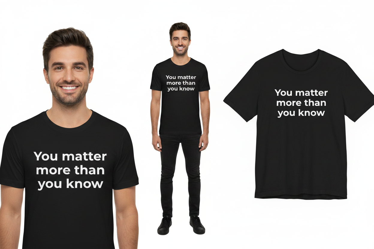 Black t-shirt with 'You matter more than you know' text worn by a man on a white background