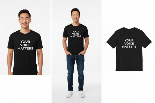 Black t-shirt with 'Your Voice Matters' text worn by a person on a white background