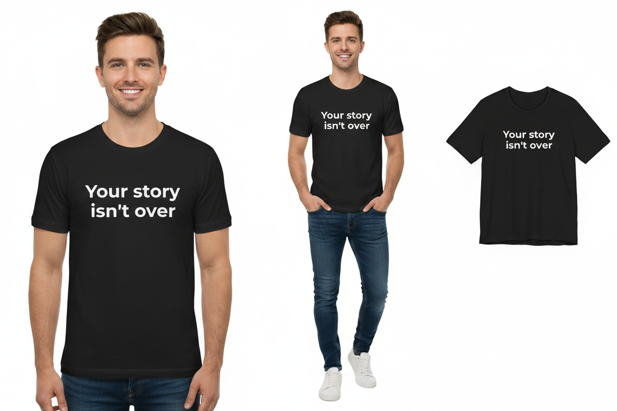 Black t-shirt with 'Your story isn't over' text worn by a man, displayed on a white background.