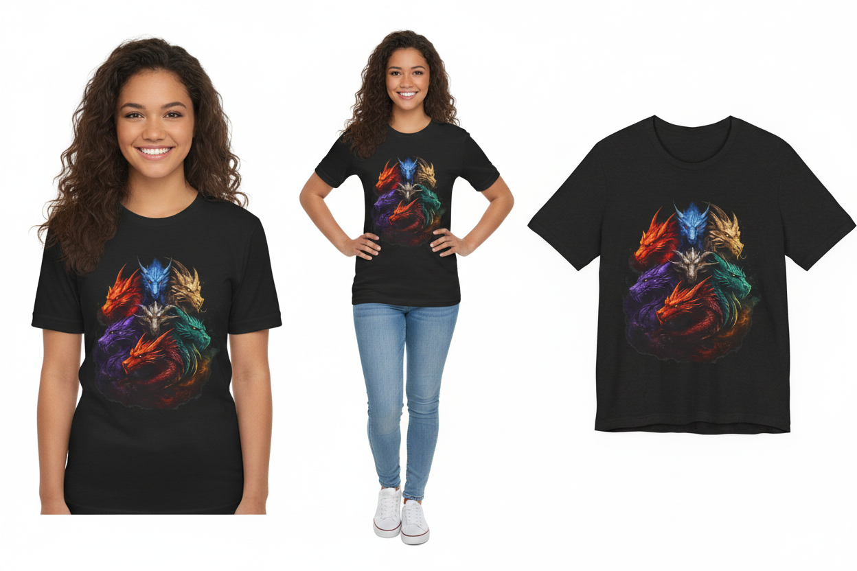 Black t-shirt with colorful dragon design worn by two people on a white background