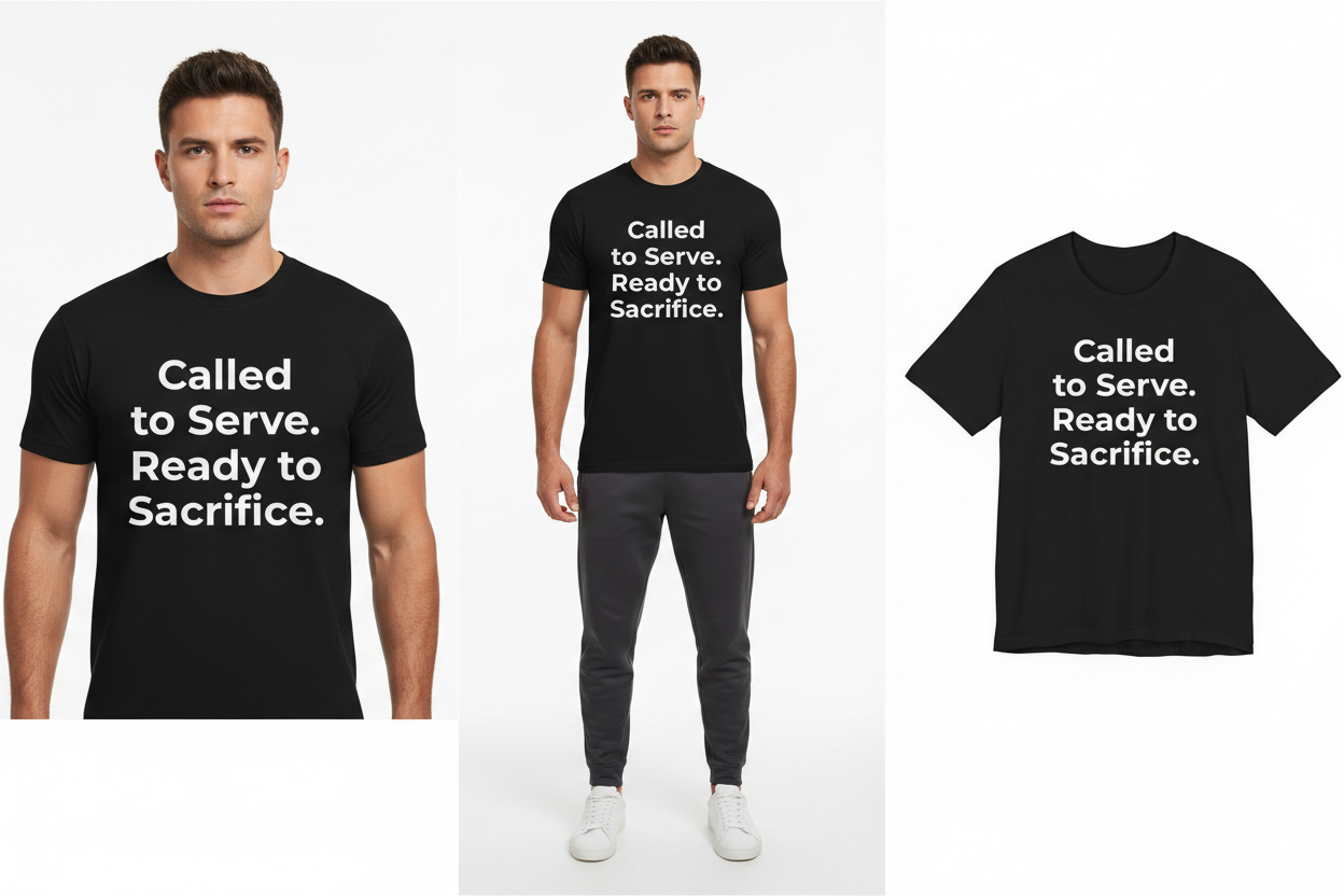 Black t-shirt with text 'Called to Serve. Ready to Sacrifice.' displayed on a mannequin and a plain background.