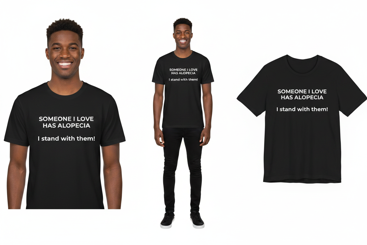 Black t-shirt with text 'Someone I love has alopecia. I stand with them!' worn by a person, displayed on a white background.