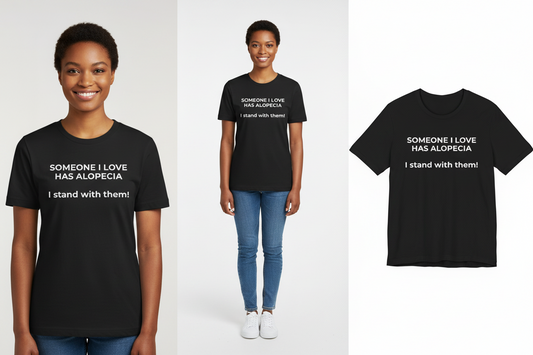 Person wearing a black t-shirt with a message about alopecia, standing next to the shirt on a white background