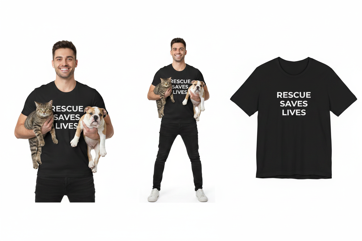 Man holding a cat and dog with 'Rescue Saves Lives' t-shirt on a white background