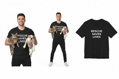 Man holding a cat and dog with 'Rescue Saves Lives' t-shirt on a white background