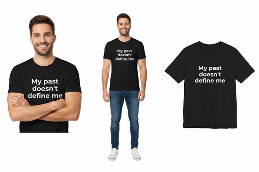 Man wearing a black t-shirt with 'My past doesn't define me' text, with an additional shirt and person on a white background.