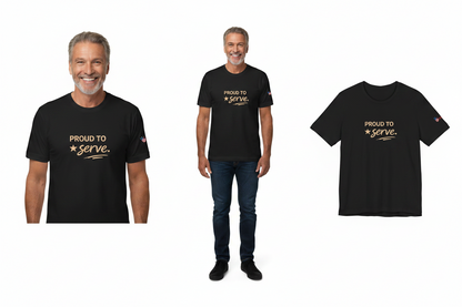 Man wearing a black t-shirt with 'Proud to Serve' text, standing next to the shirt on a white background.