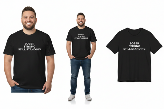 Man wearing a black t-shirt with 'Sober Strong Still Standing' text, displayed on a white background.