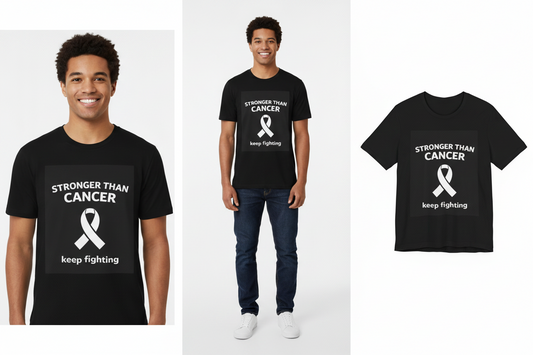 Black t-shirt with 'Stronger than Cancer keep fighting' text and white ribbon design worn by a person on a white background.