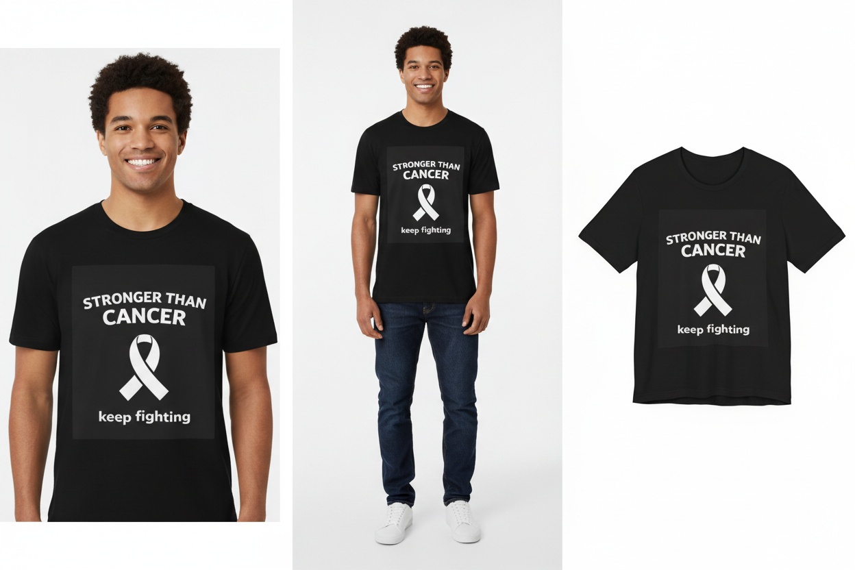 Black t-shirt with 'Stronger than Cancer keep fighting' text and white ribbon design worn by a person on a white background.