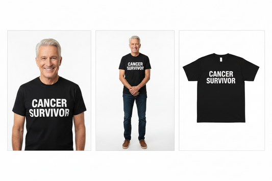 Person wearing a 'Cancer Survivor' t-shirt with an additional image of the t-shirt.