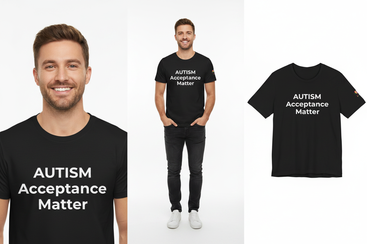 Person wearing a black t-shirt with 'AUTISM Acceptance Matter' text, displayed on a white background.