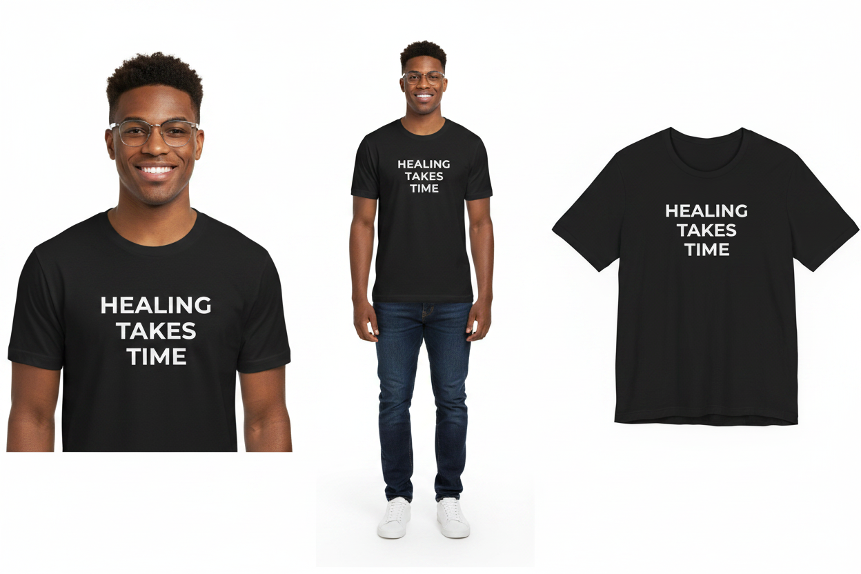 Black t-shirt with 'HEALING TAKES TIME' text worn by a person on a white background