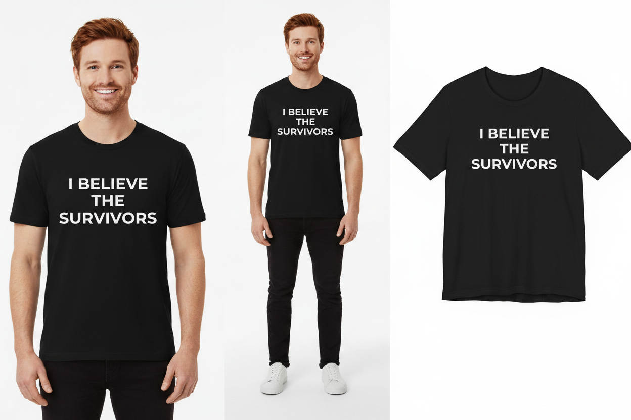 Person wearing a black t-shirt with 'I Believe The Survivors' text, displayed on a white background.
