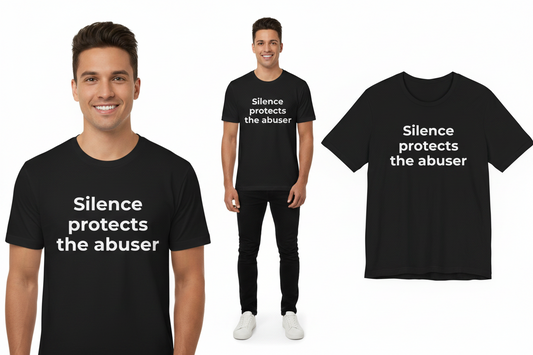 Person wearing a black t-shirt with 'Silence protects the abuser' text, displayed on a white background.