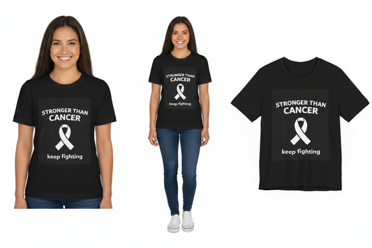 Person wearing a black t-shirt with 'Stronger than Cancer' message and product display.