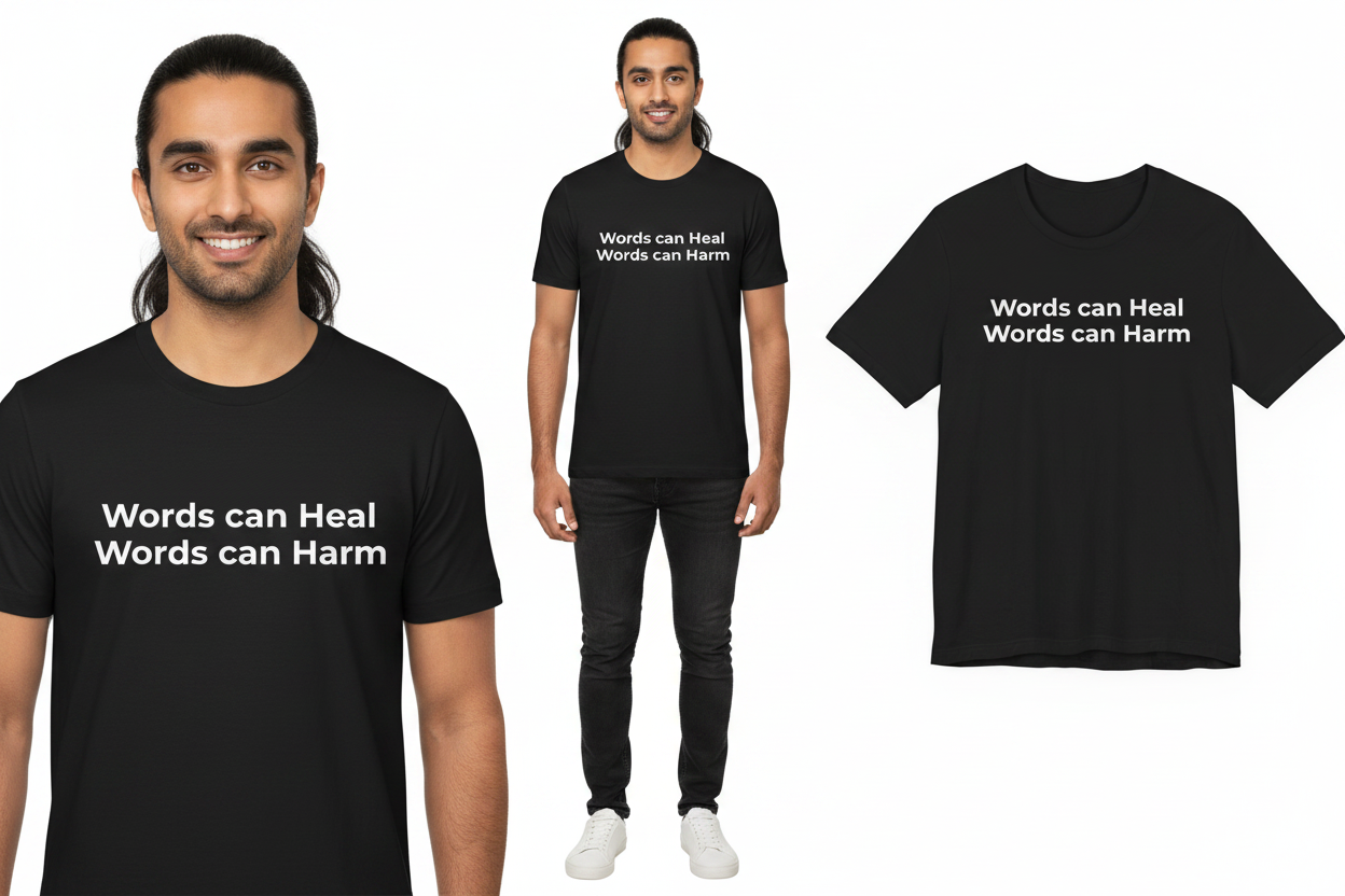 Person wearing a black t-shirt with 'Words can Heal, Words can Harm' text, displayed on a white background.