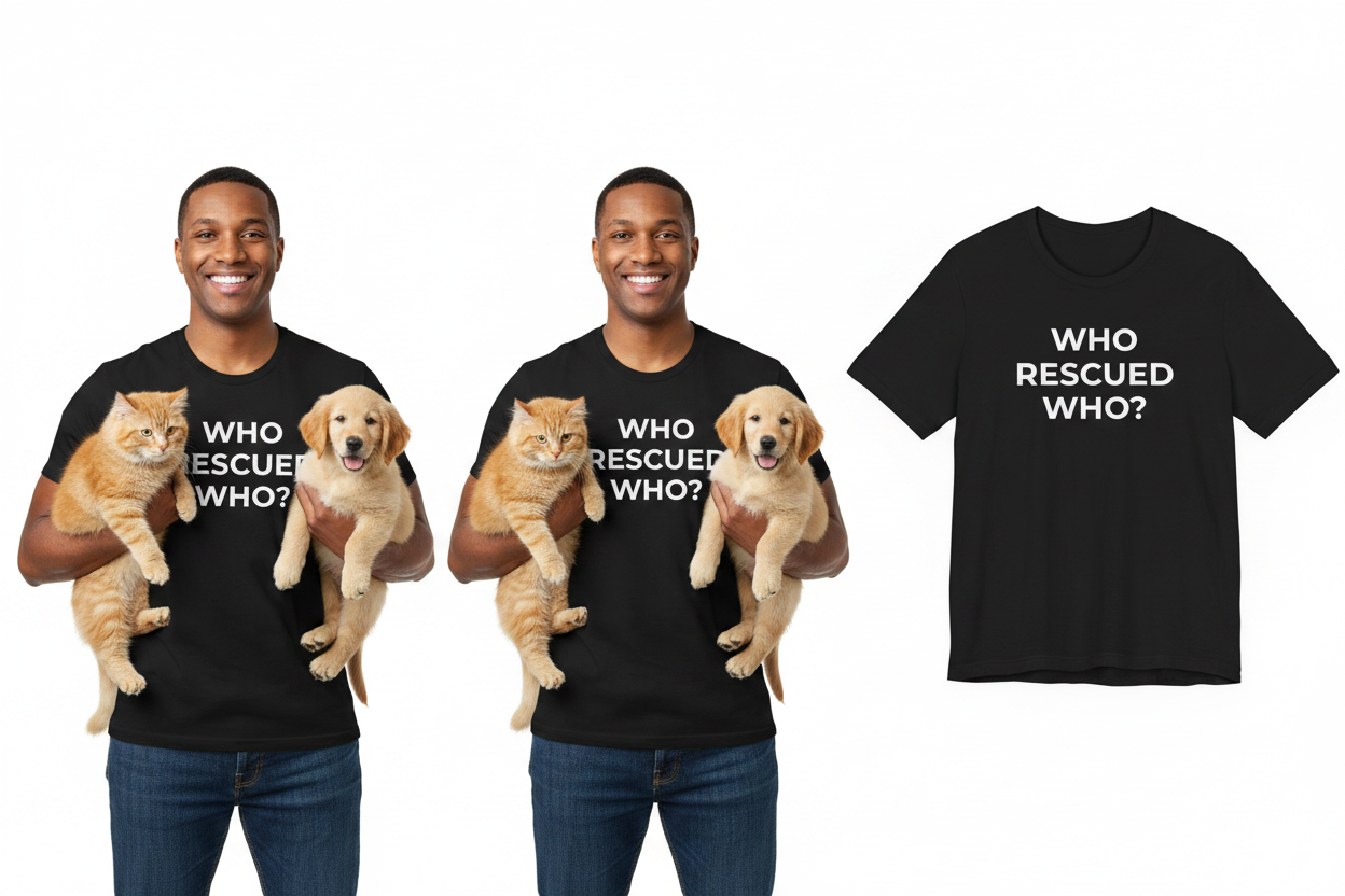 Two men holding cats and dogs, with a t-shirt displaying 'WHO RESCUED WHO?' text.