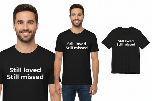 Two men wearing black t-shirts with 'Still loved Still missed' text, one full view and one inset.