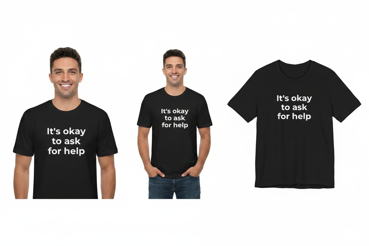 Two men wearing black t-shirts with the text 'It's okay to ask for help' and a close-up of the t-shirt.
