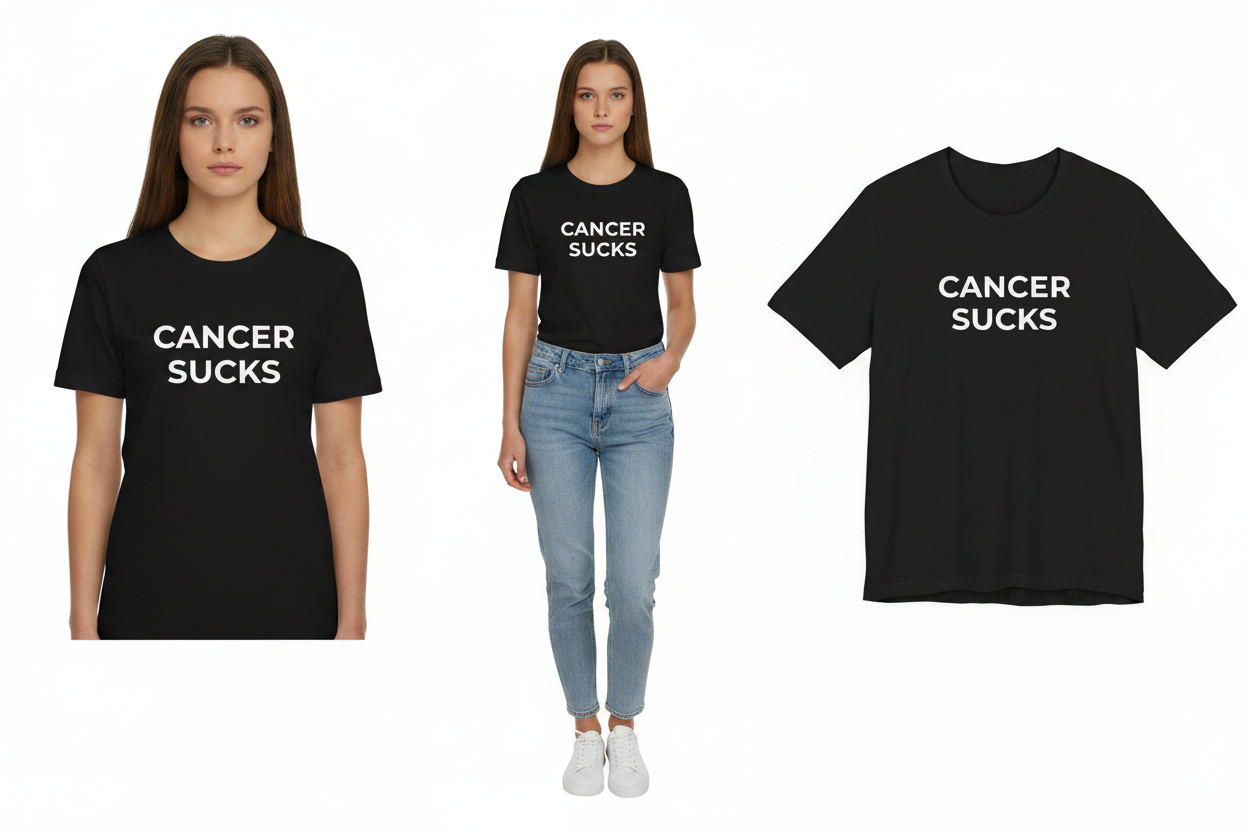 Two people wearing black t-shirts with 'Cancer Sucks' text, alongside a close-up of the t-shirt.