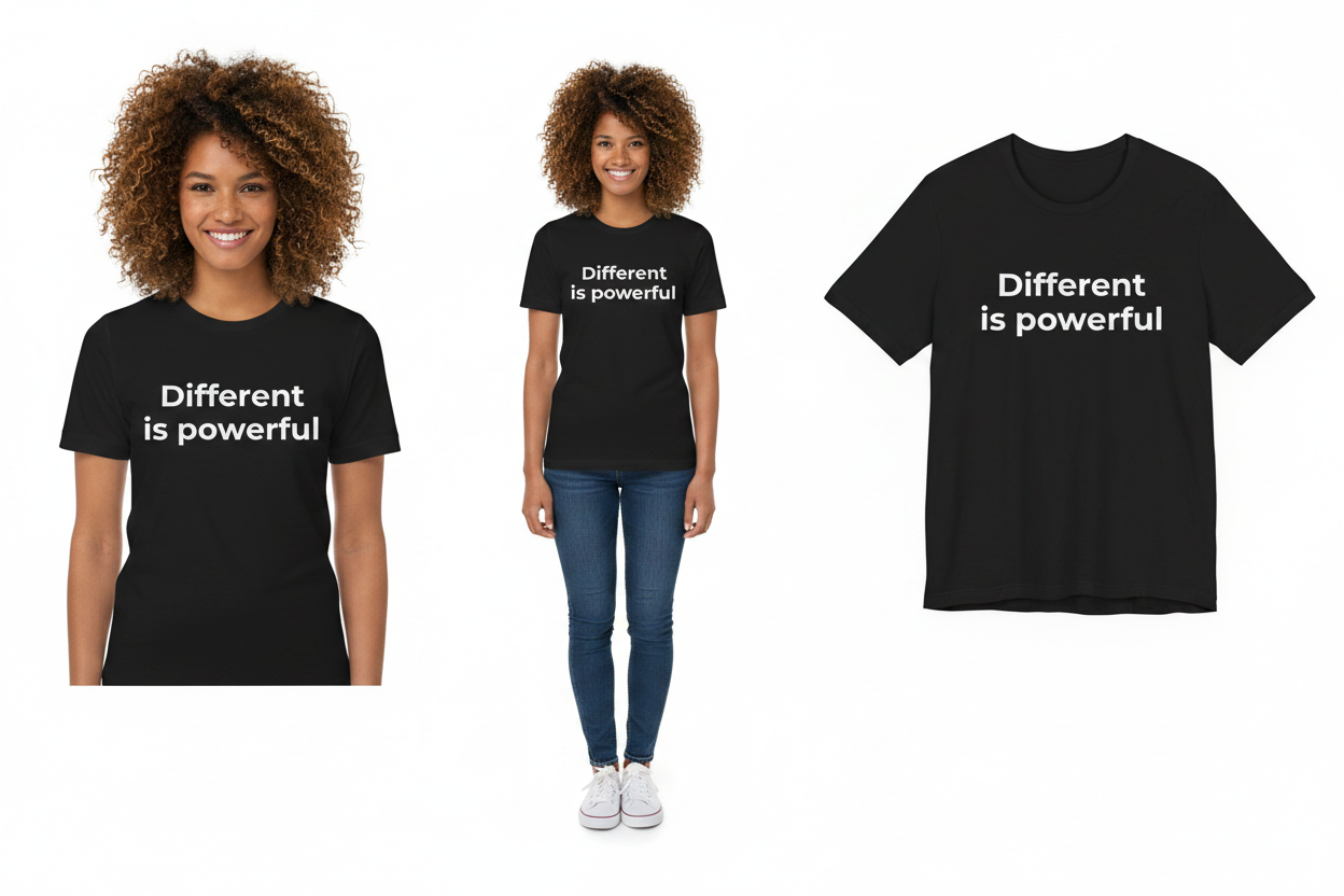 Two people wearing black t-shirts with 'Different is powerful' text on a white background