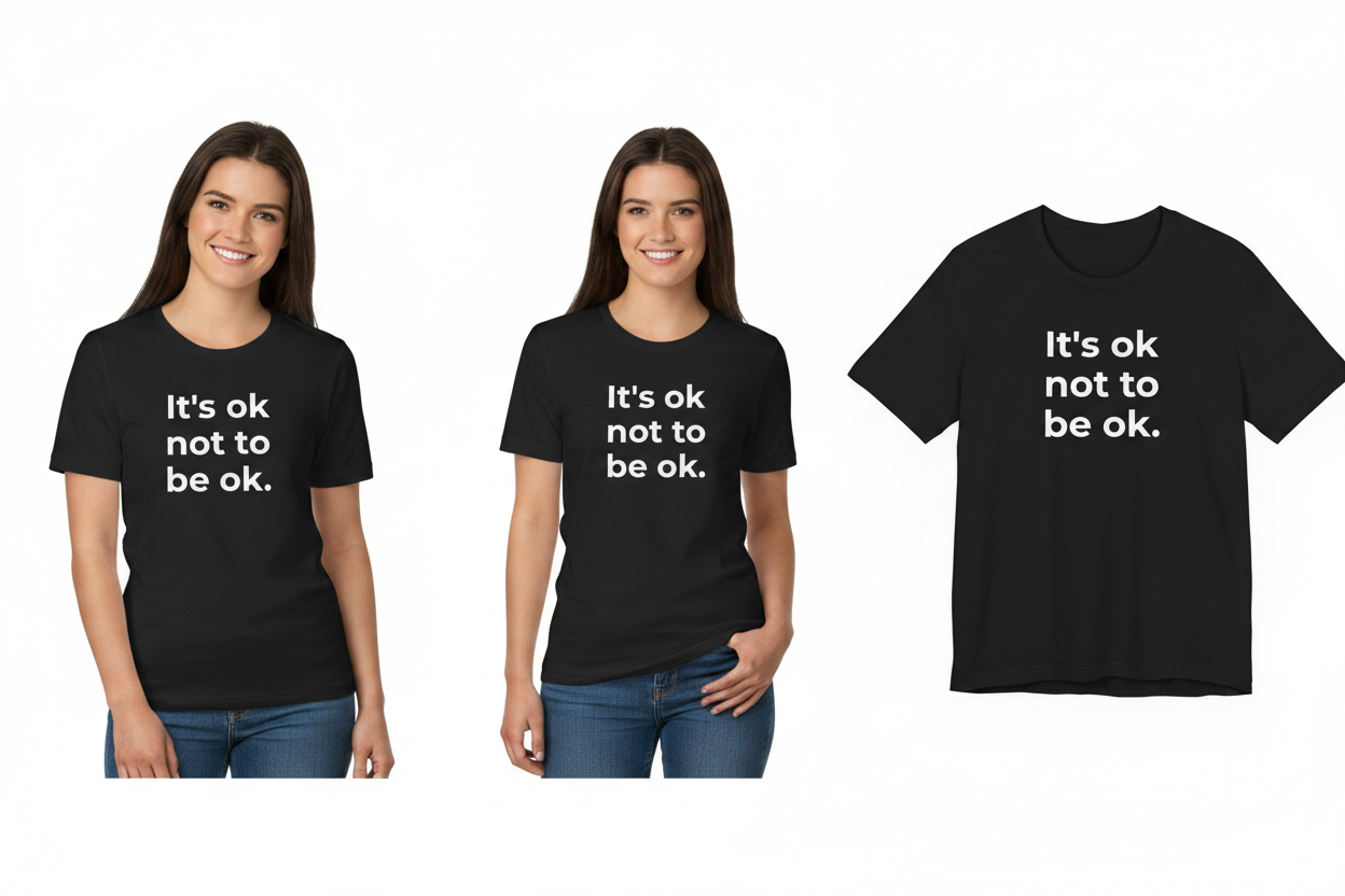 Two people wearing black t-shirts with 'It's ok not to be ok.' text, and a third t-shirt displayed separately.