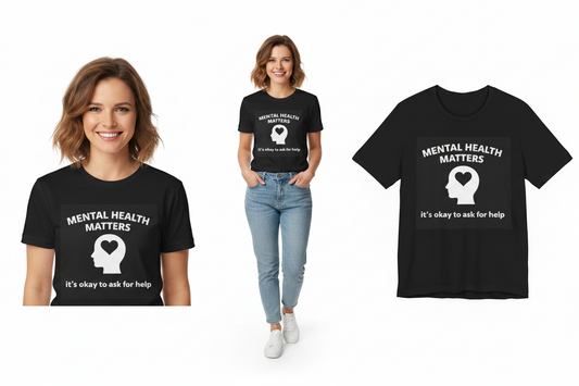 Two people wearing black t-shirts with 'Mental Health Matters' message on a white background