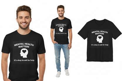 Two people wearing black t-shirts with 'Mental Health Matters' message on a white background