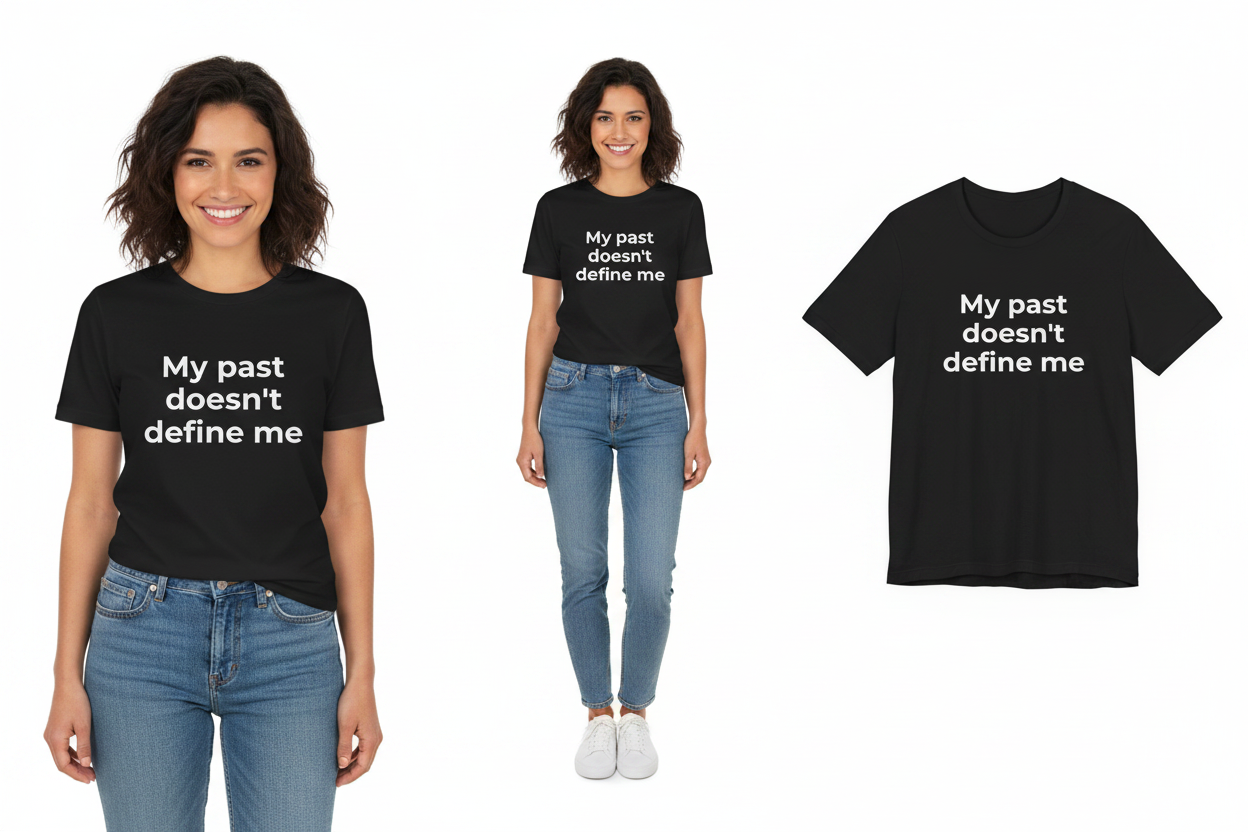 Two people wearing black t-shirts with 'My past doesn't define me' text, alongside a plain black t-shirt with the same text.