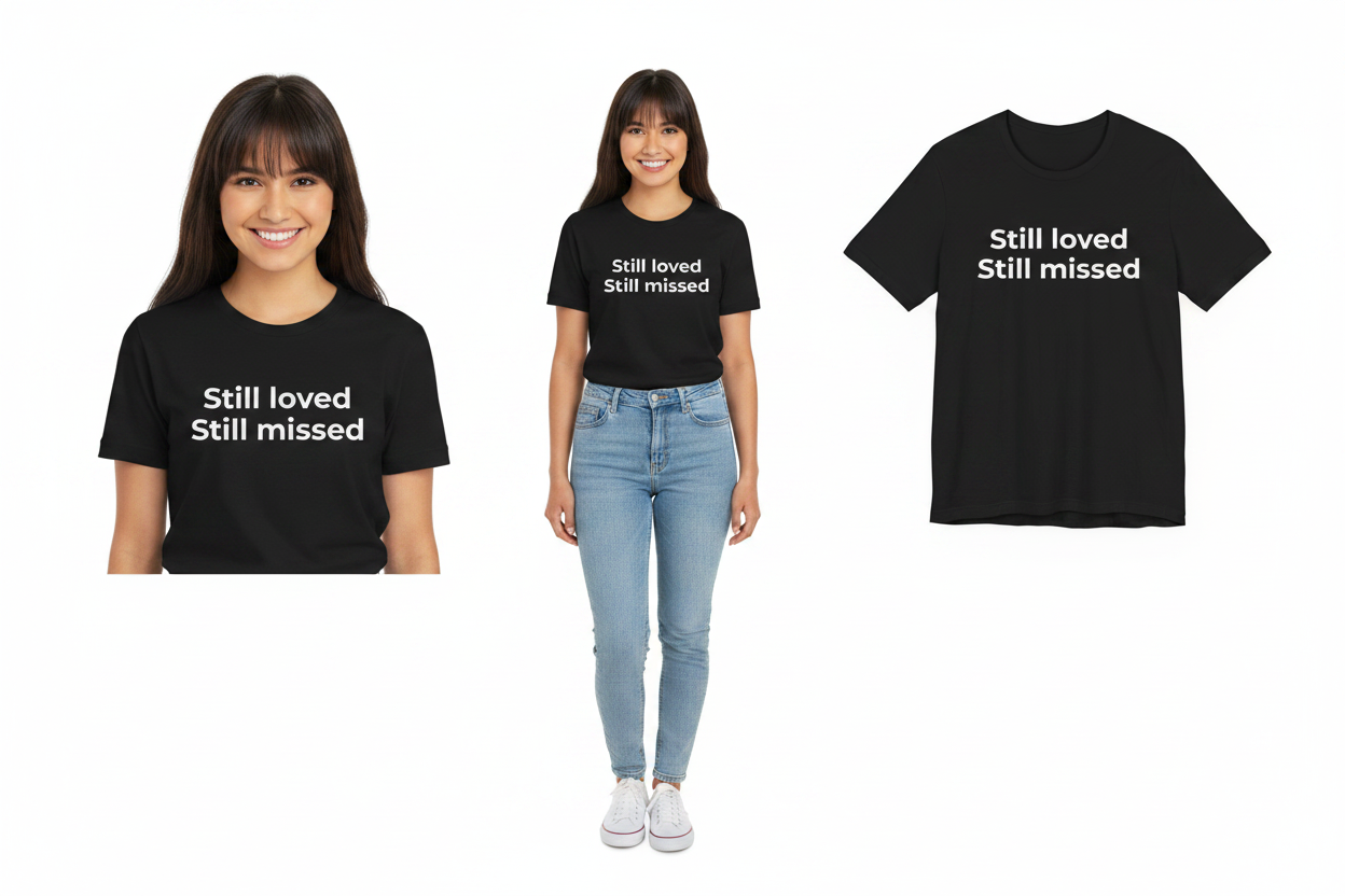 Two people wearing black t-shirts with 'Still loved Still missed' text, and a close-up of the t-shirt.