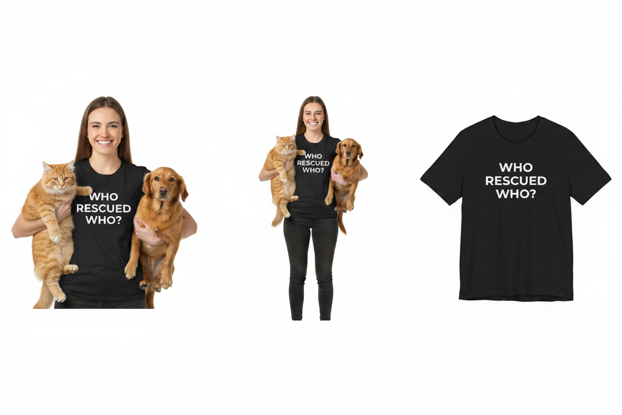 Two people wearing black t-shirts with 'WHO RESCUED WHO?' text, holding cats and dogs.