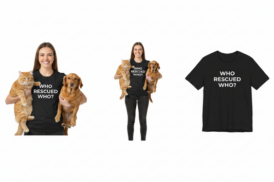 Two people wearing black t-shirts with 'WHO RESCUED WHO?' text, holding cats and dogs.