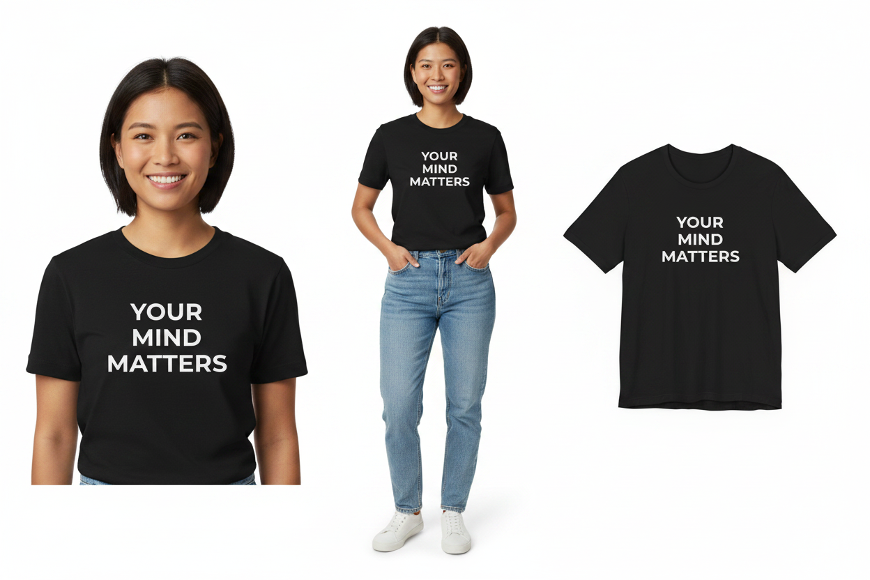 Two people wearing black t-shirts with 'Your Mind Matters' text, one person is also wearing blue jeans.