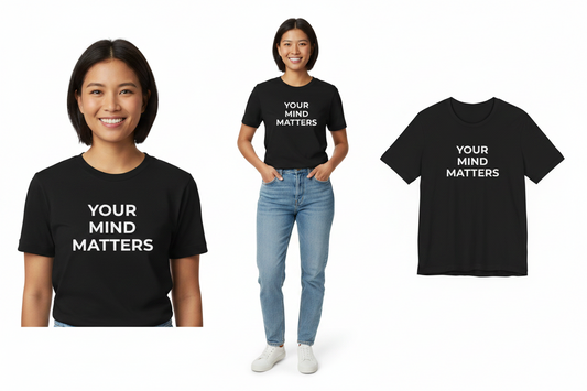 Two people wearing black t-shirts with 'Your Mind Matters' text, one person is also wearing blue jeans.