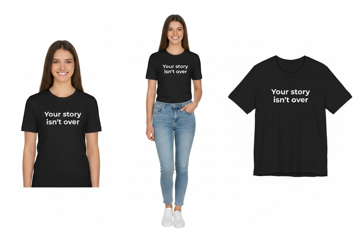 Two people wearing black t-shirts with 'Your story isn't over' text, one on a white background.
