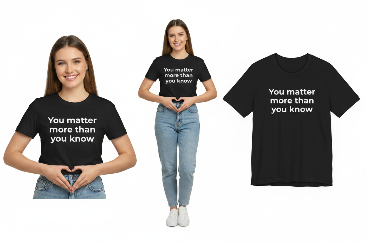 Two people wearing black t-shirts with a motivational message and a close-up of the t-shirt on a white background.