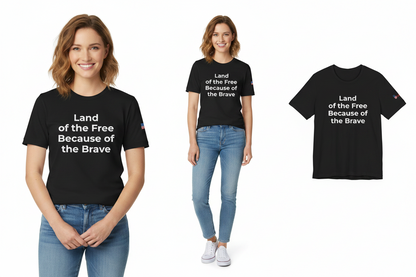 Two people wearing black t-shirts with text and a t-shirt on a white background.
