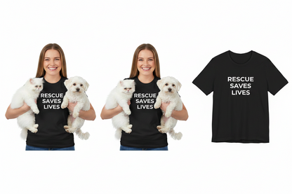 Two women holding puppies and a black t-shirt with 'Rescue Saves Lives' text on a white background.