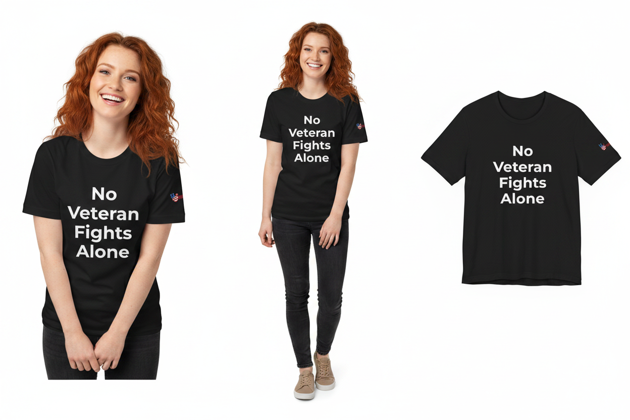 Woman wearing a black t-shirt with 'No Veteran Fights Alone' text, standing next to the shirt on a white background.