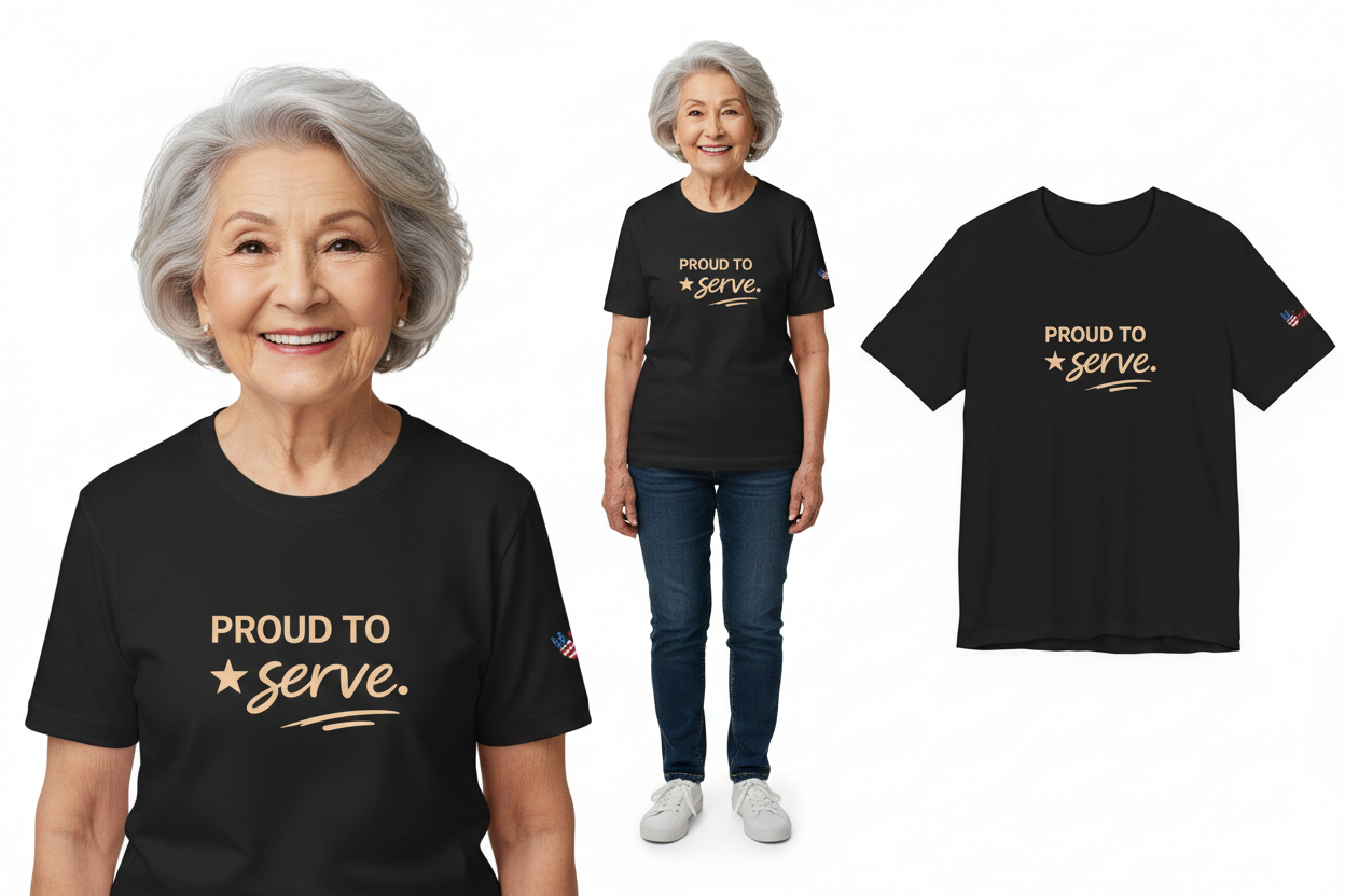 Woman wearing a black t-shirt with 'Proud to Serve' text, standing next to the shirt on a white background.