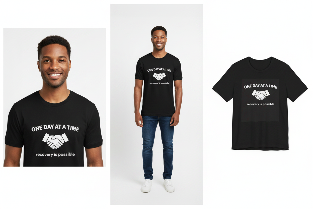 Black t-shirt with 'One Day at a Time' and recovery message worn by a person on a white background.