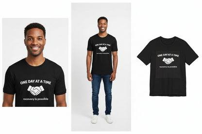 Black t-shirt with 'One Day at a Time' and recovery message worn by a person on a white background.