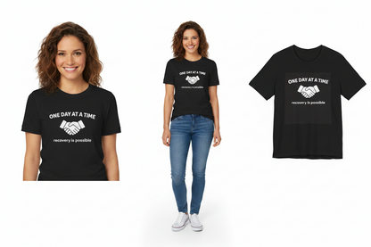 Woman wearing a black t-shirt with a motivational message, displayed with the shirt on a white background.