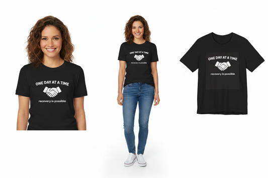 Woman wearing a black t-shirt with a motivational message, displayed with the shirt on a white background.